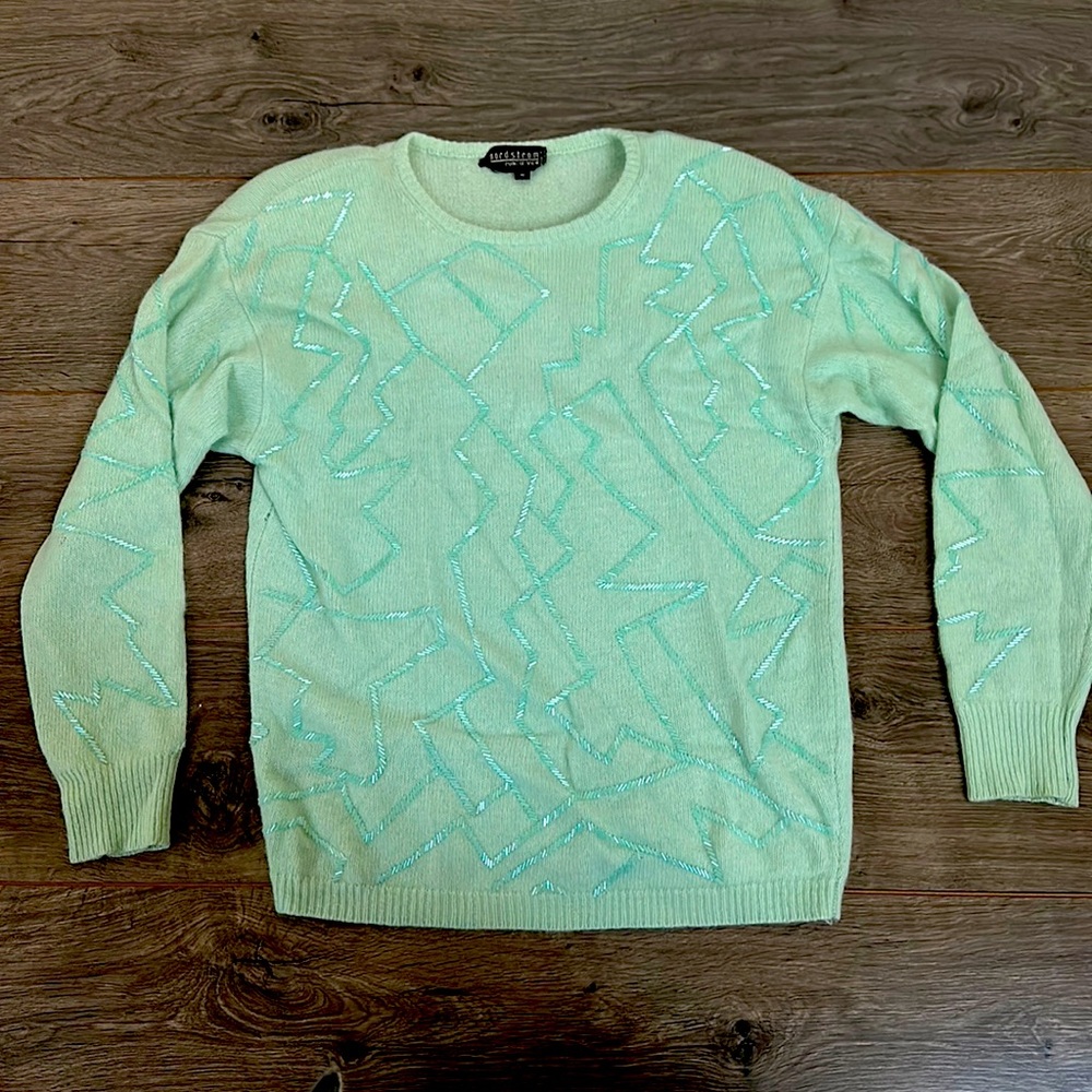 Vintage Nordstrom Point of view Seafoam Green Beaded Crew Neck Sweater Sz M